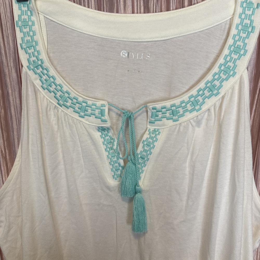 Style & Co Woman 2X White Sleeveless Peasant Top Aqua Embroidered Tassel - Picture 3 of 9